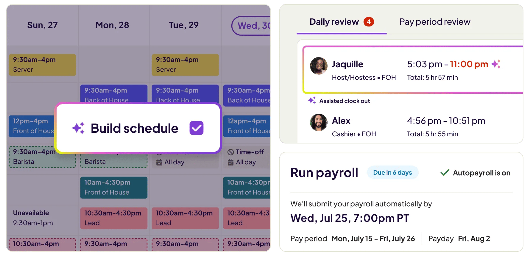 Homebase schedule builder with AI Build Schedule, daily timecard review, and automatic payroll.